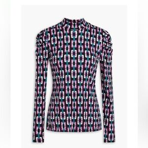 Diane Von Furstenberg Doha ruched sleeve chain printed top, mock neck